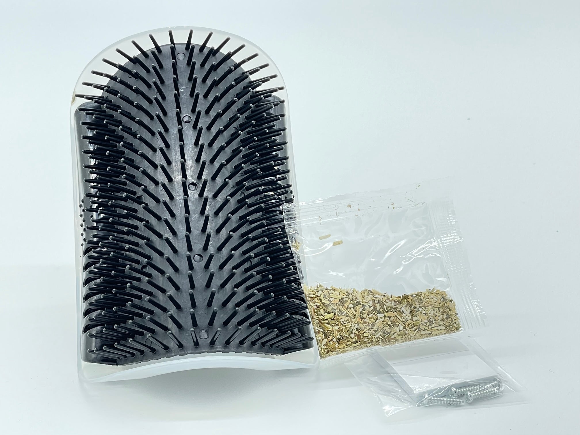 The Cool Kat Groomer wall-mounted corner cat scratcher brush with catnip compartment and mounting hardware — view 2