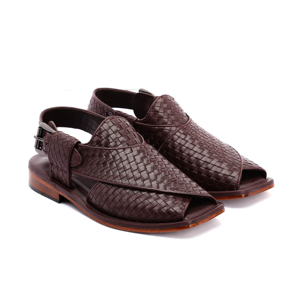 Handmade checkered leather Peshawari Chappal sandals for men with comfortable memory foam insole. — view 5