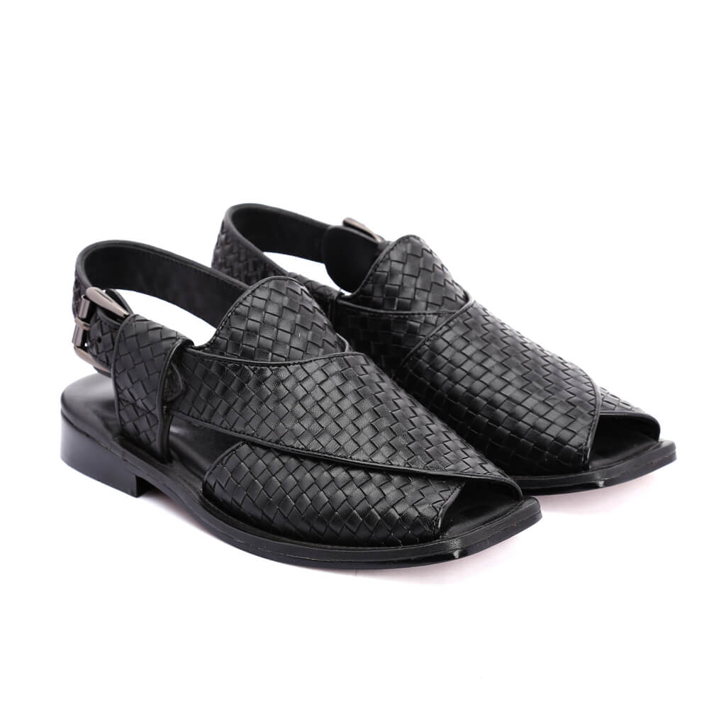 Handmade checkered leather Peshawari Chappal sandals for men with comfortable memory foam insole. — view 2