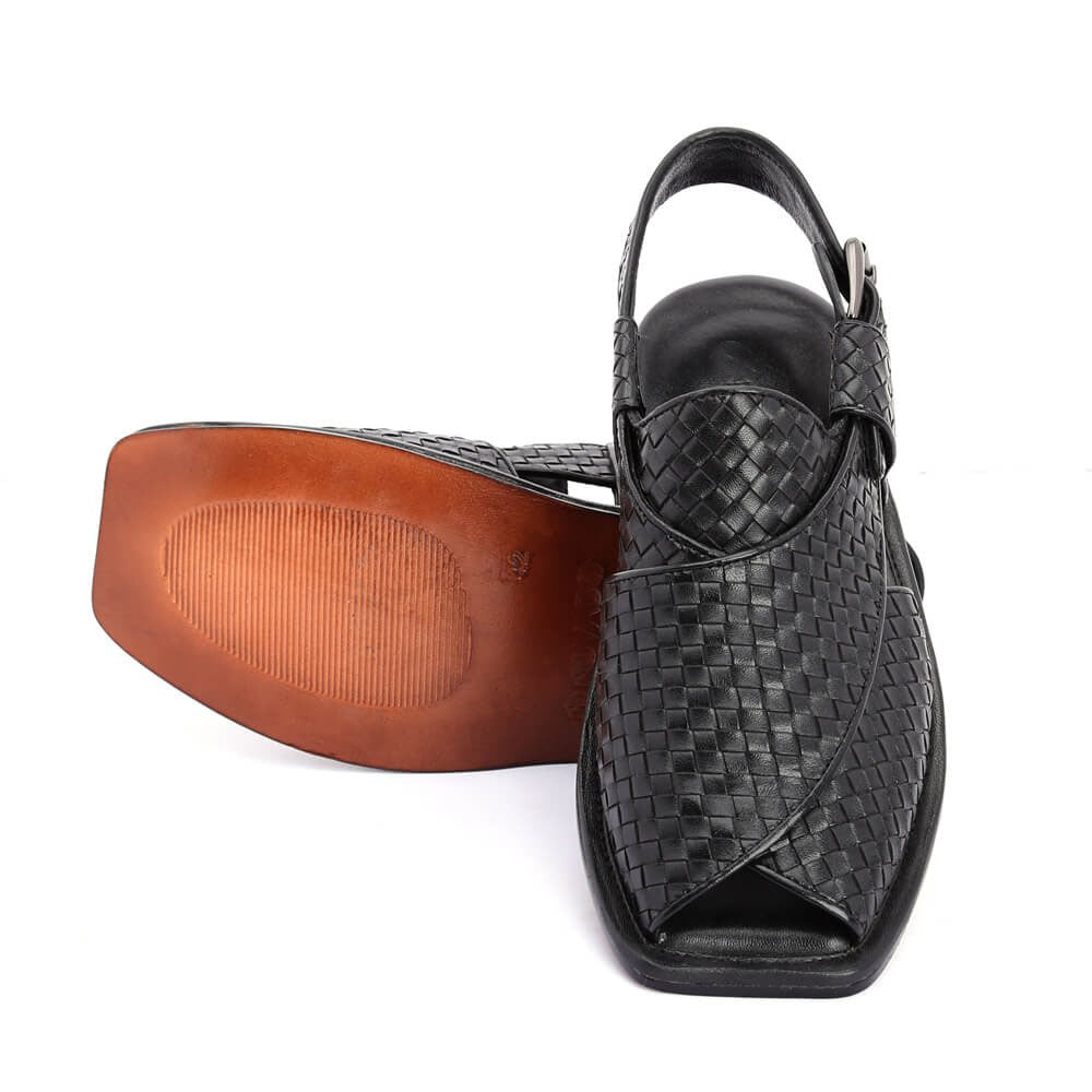 Handmade checkered leather Peshawari Chappal sandals for men with comfortable memory foam insole. — view 3