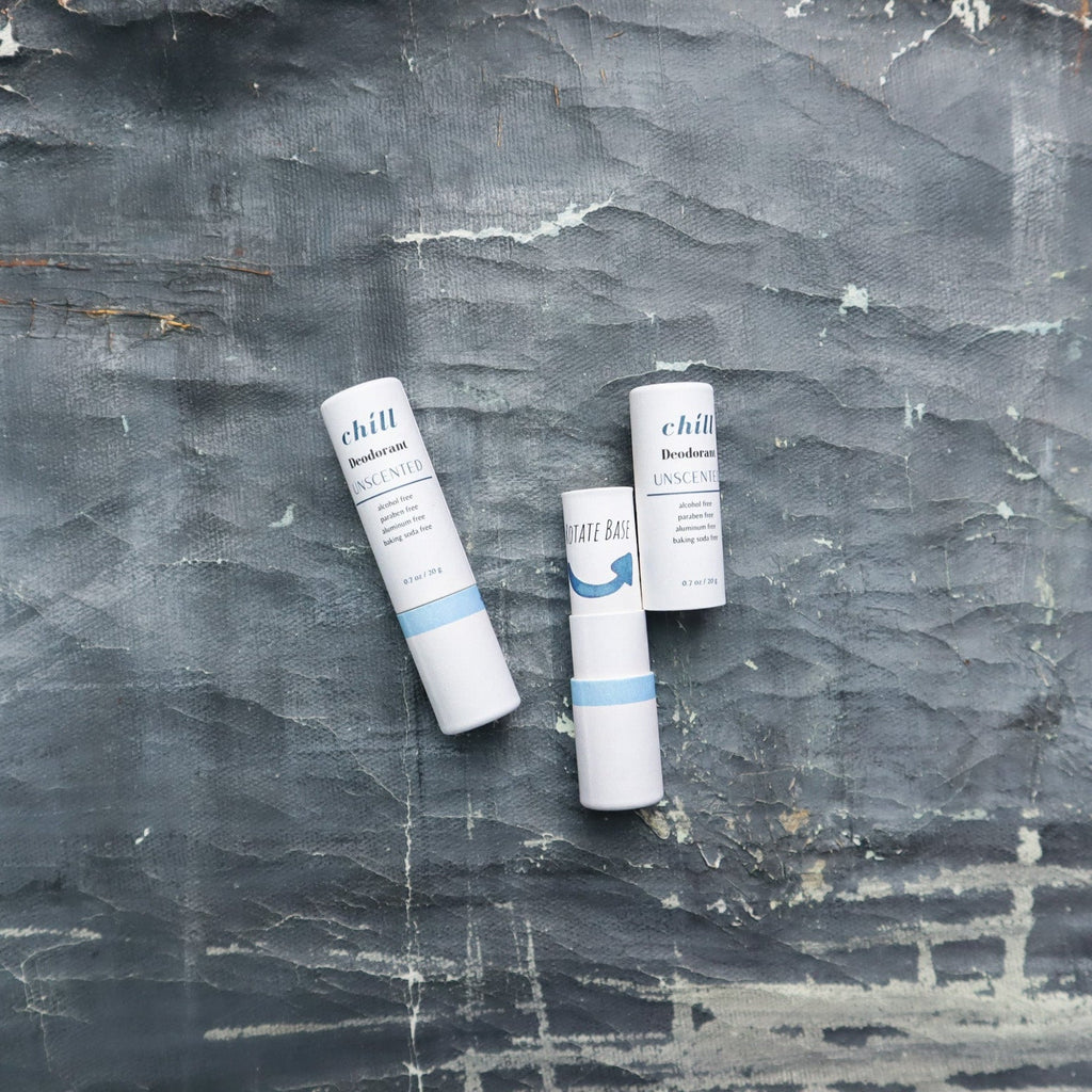 Unscented natural deodorant stick in a zero waste brown paper push-up tube — view 2