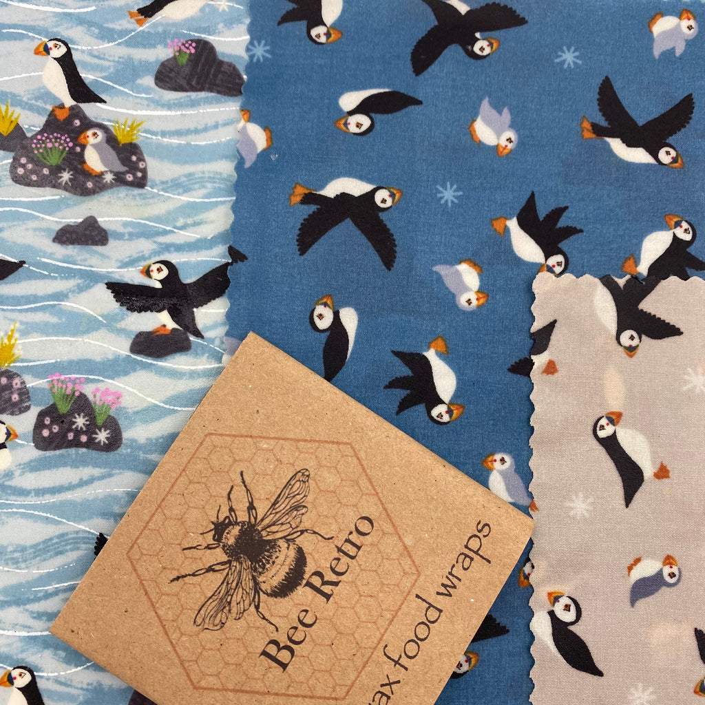 Cornish Puffin eco friendly beeswax food wrap featuring colorful coastal bird pattern covering fresh kitchen items — view 5