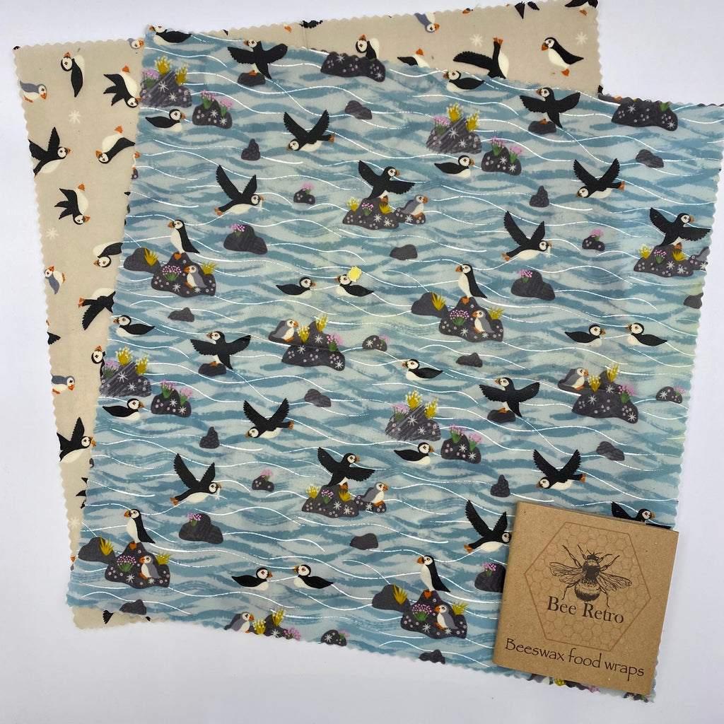 Cornish Puffin eco friendly beeswax food wrap featuring colorful coastal bird pattern covering fresh kitchen items — view 4