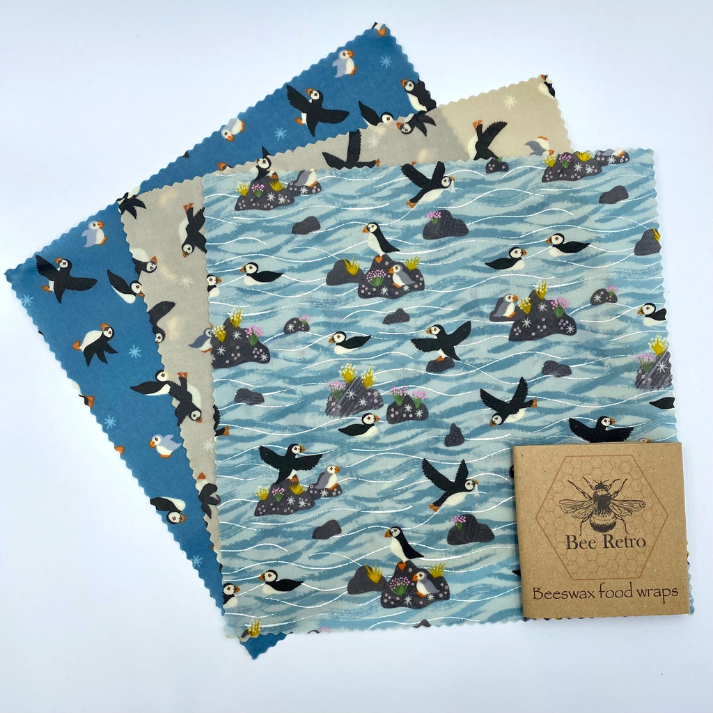 Cornish Puffin eco friendly beeswax food wrap featuring colorful coastal bird pattern covering fresh kitchen items