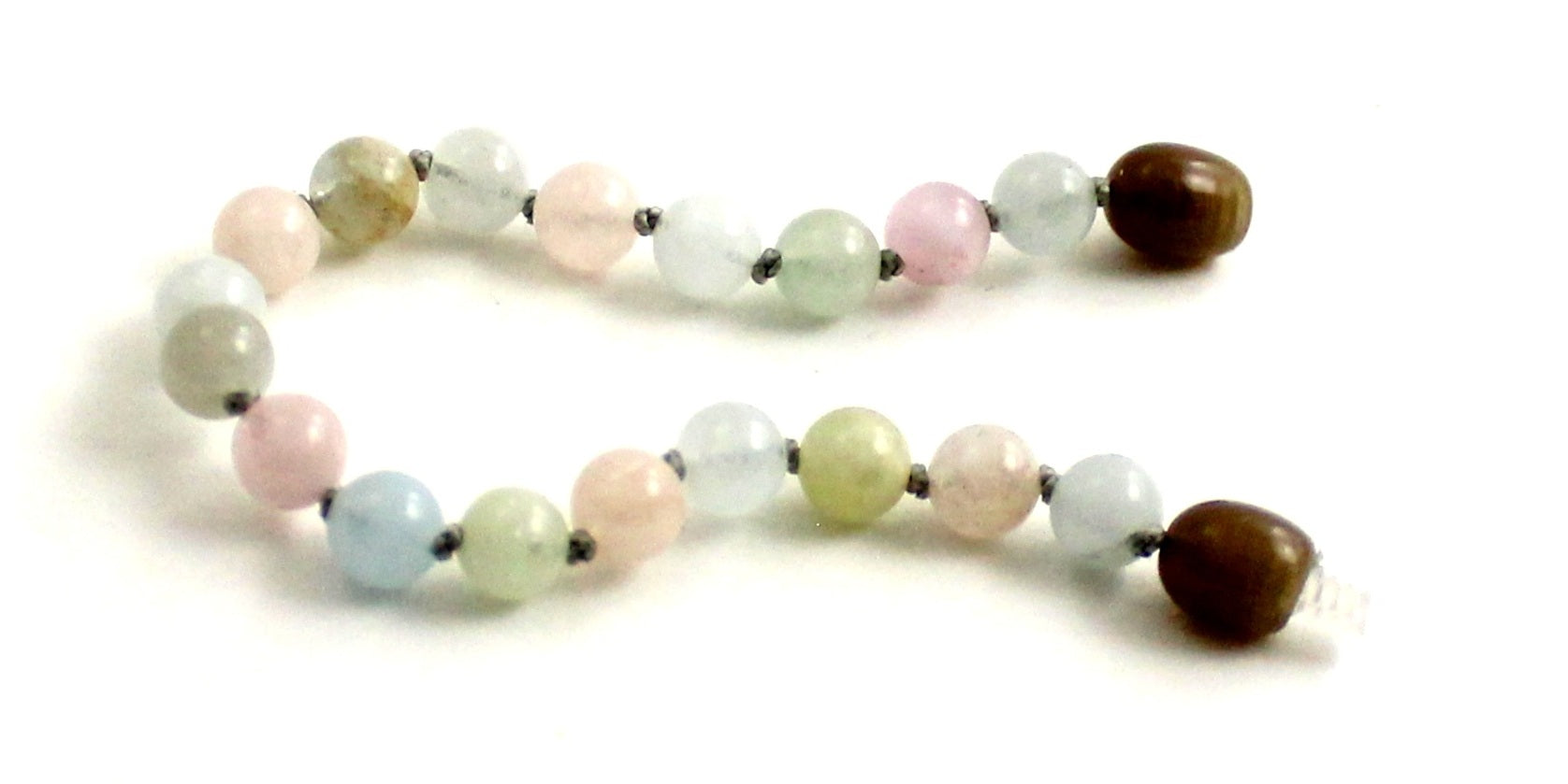 Multicolor morganite gemstone knotted anklet bracelet on a durable gray cord with secure screw clasp. — view 3