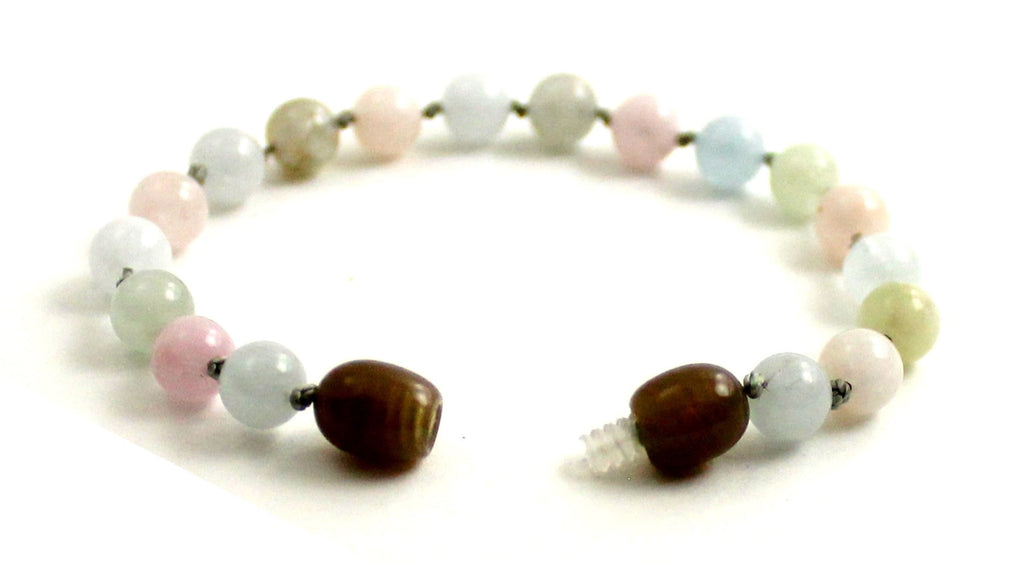 Multicolor morganite gemstone knotted anklet bracelet on a durable gray cord with secure screw clasp. — view 4