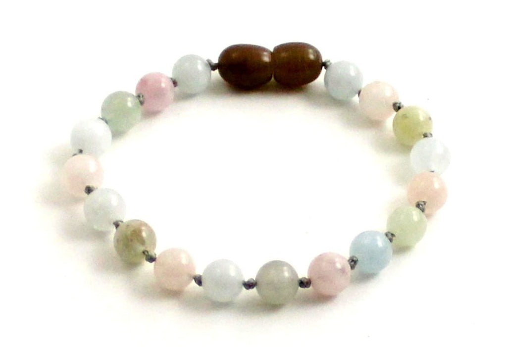 Multicolor morganite gemstone knotted anklet bracelet on a durable gray cord with secure screw clasp.