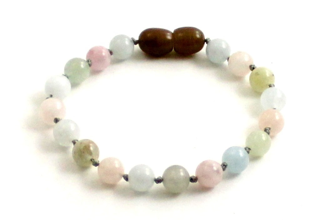 Multicolor morganite gemstone knotted anklet bracelet on a durable gray cord with secure screw clasp.