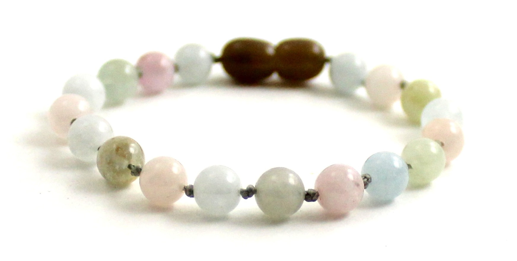 Multicolor morganite gemstone knotted anklet bracelet on a durable gray cord with secure screw clasp. — view 5