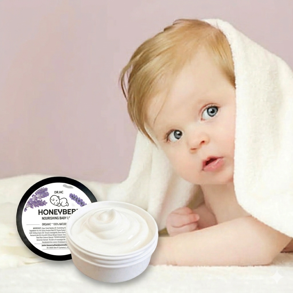 Bottle of Honeybebe nourishing baby lotion with calming lavender for sensitive skin and pregnancy care — view 2