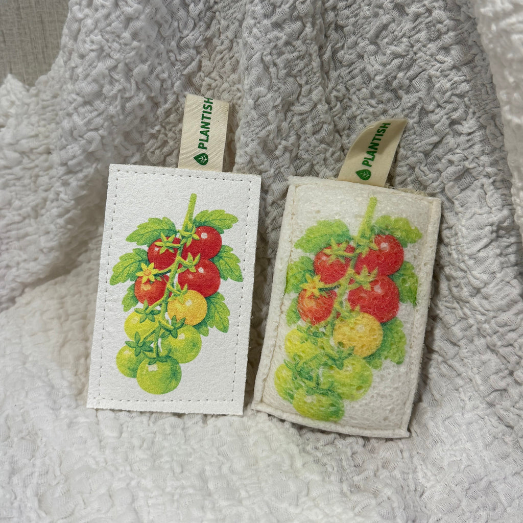 Cherry tomatoes eco kitchen sponge made of natural loofah and wood pulp with hanging cloth tag — view 3