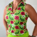Women's assorted racerback golf polo shirt in athletic fit with sleeveless collar design.