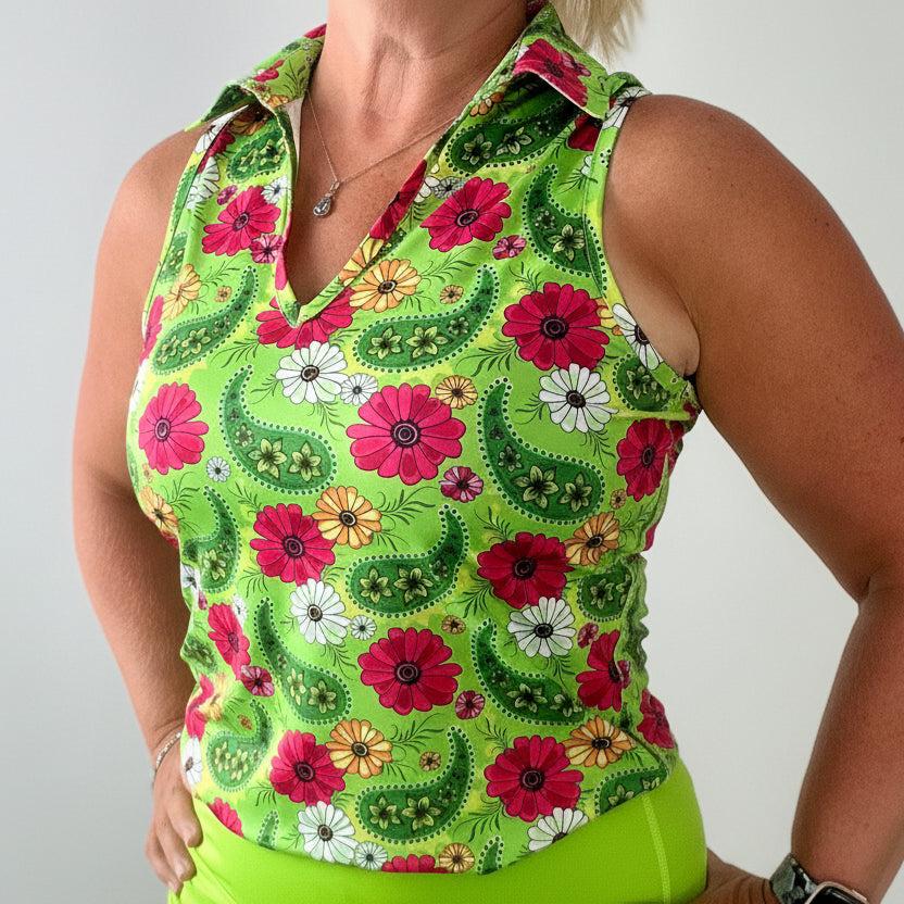Women's assorted racerback golf polo shirt in athletic fit with sleeveless collar design.