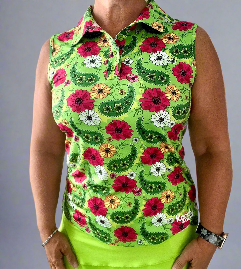 Women's sleeveless golf polo shirt featuring a button-up collar, moisture-wicking fabric, and regular fit. — view 5