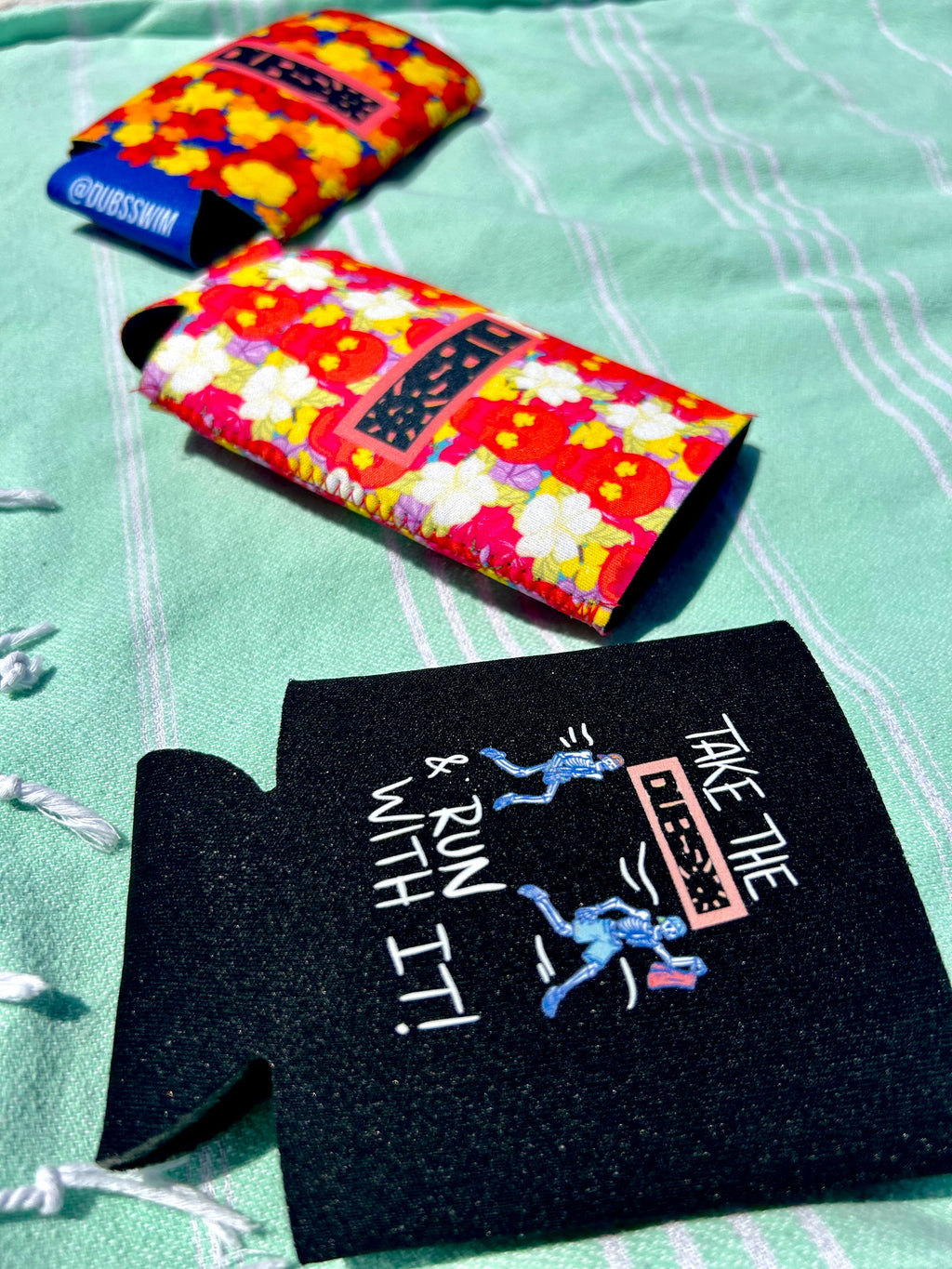 Vibrant Skull Bum Koozie insulated beverage can cooler in bold colorful summer beach patterns — view 3