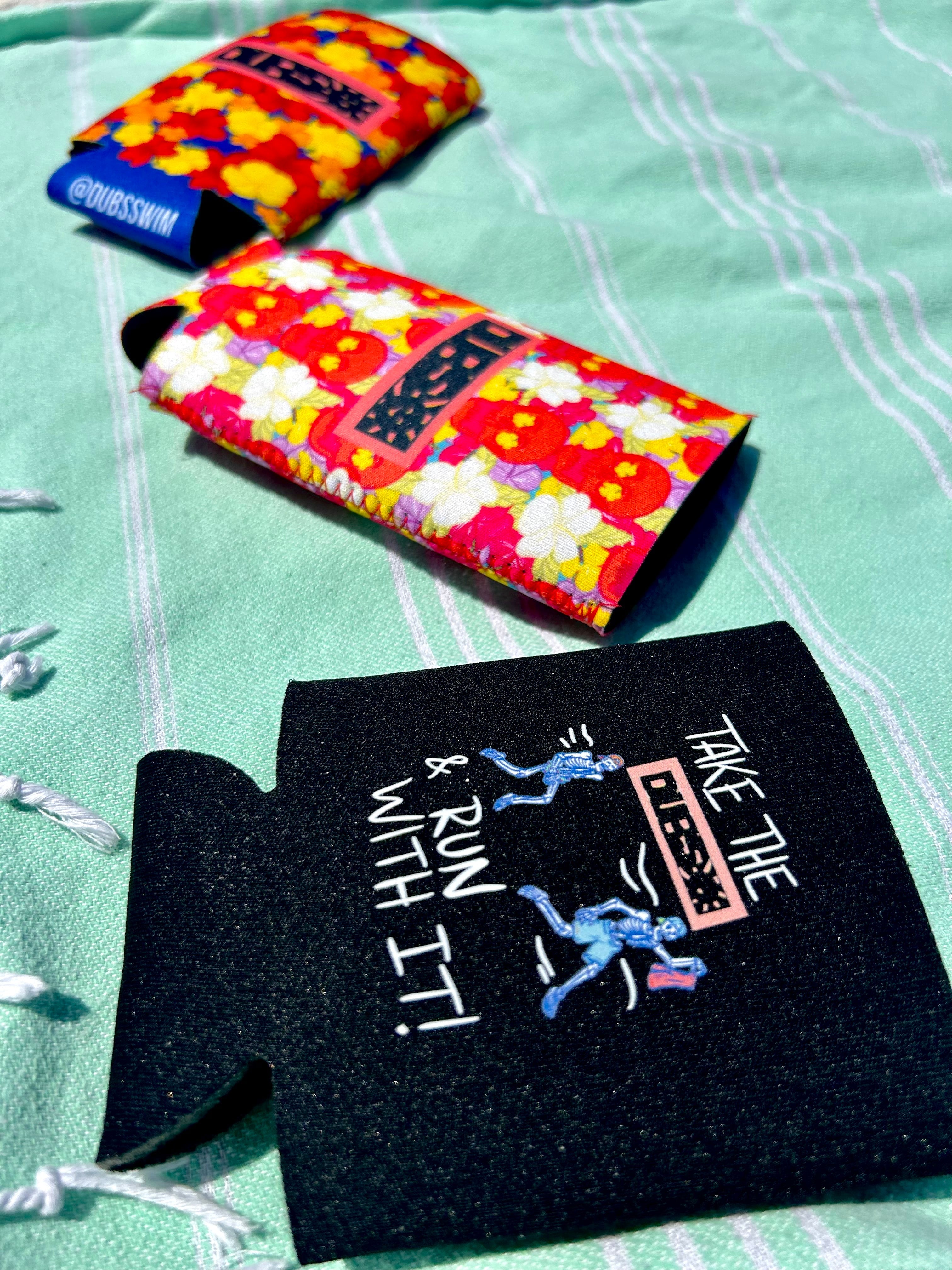 Vibrant Skull Bum Koozie insulated beverage can cooler in bold colorful summer beach patterns — view 3
