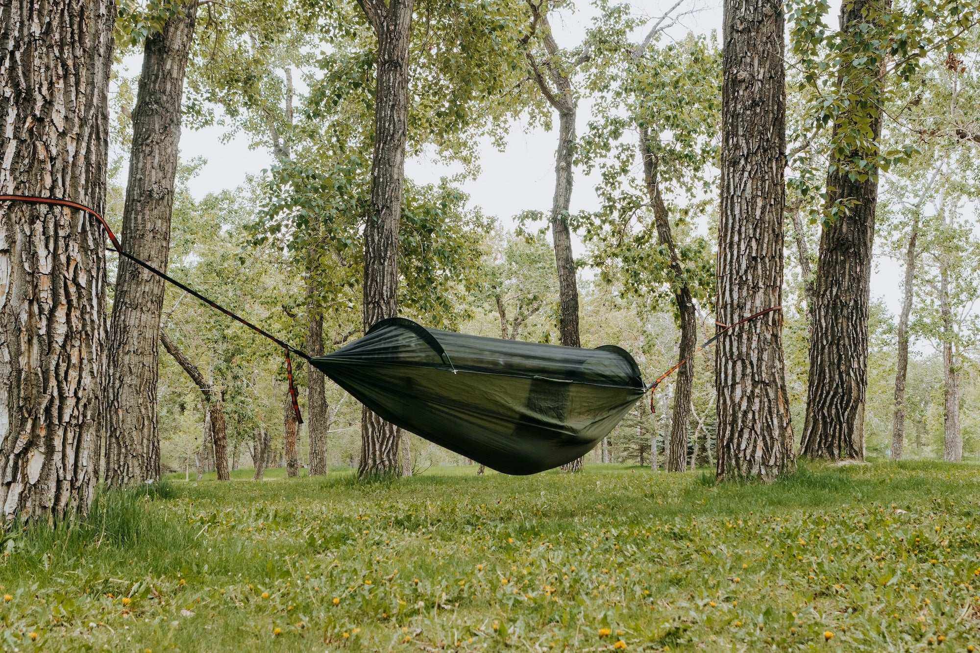 Portable camping hammock in ripstop nylon with built-in mosquito net and aluminum support poles
