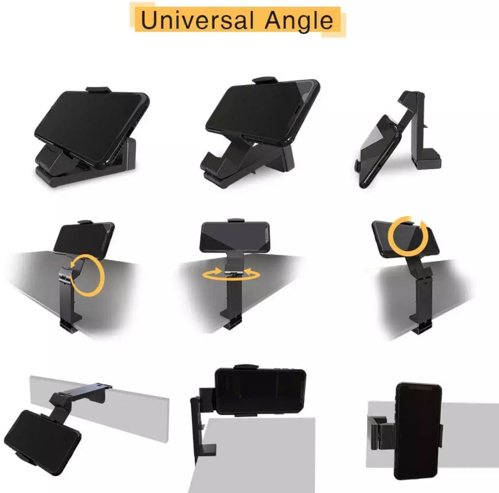 Black universal airplane phone stand attached to a seat back tray holding a smartphone — view 4