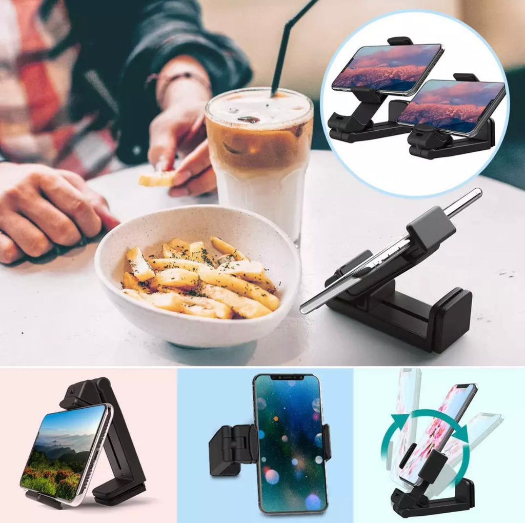 Black universal airplane phone stand attached to a seat back tray holding a smartphone — view 3