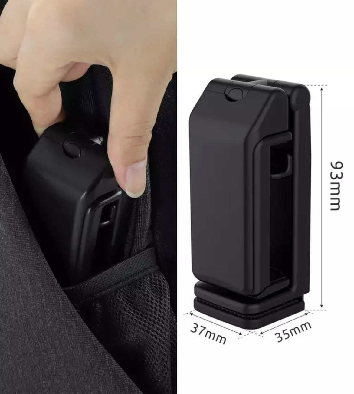 Black universal airplane phone stand attached to a seat back tray holding a smartphone — view 5