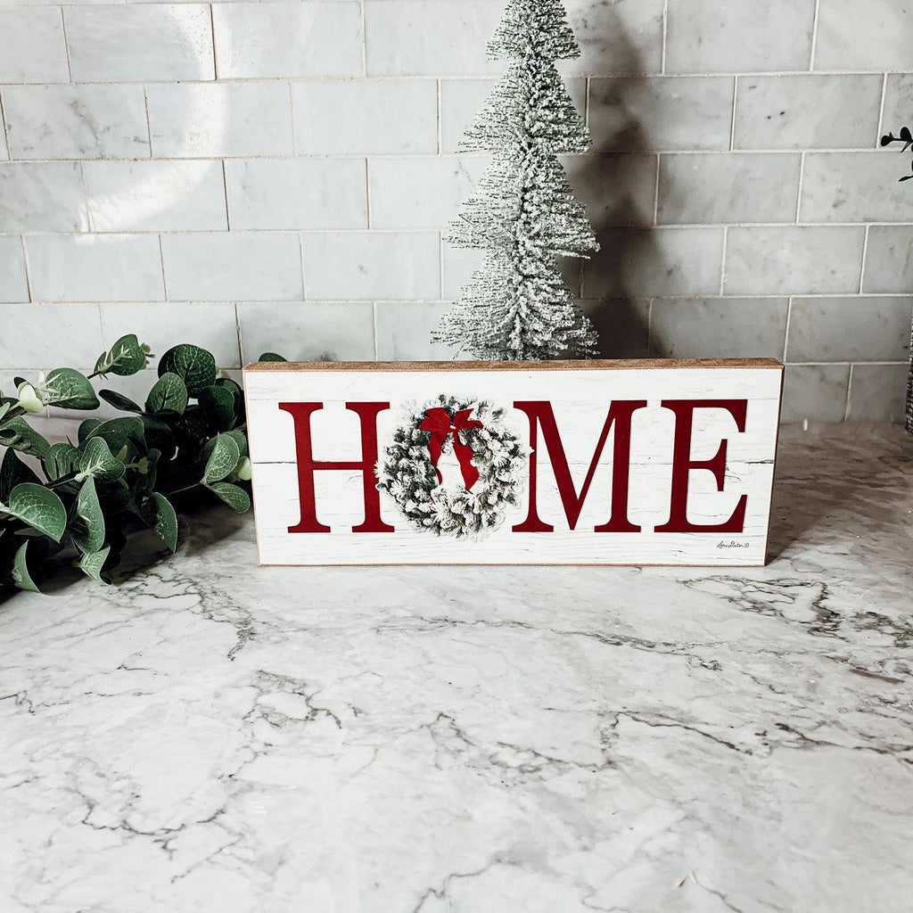 Handcrafted wooden Christmas Home sign featuring a festive holiday wreath replacing the letter O — view 5
