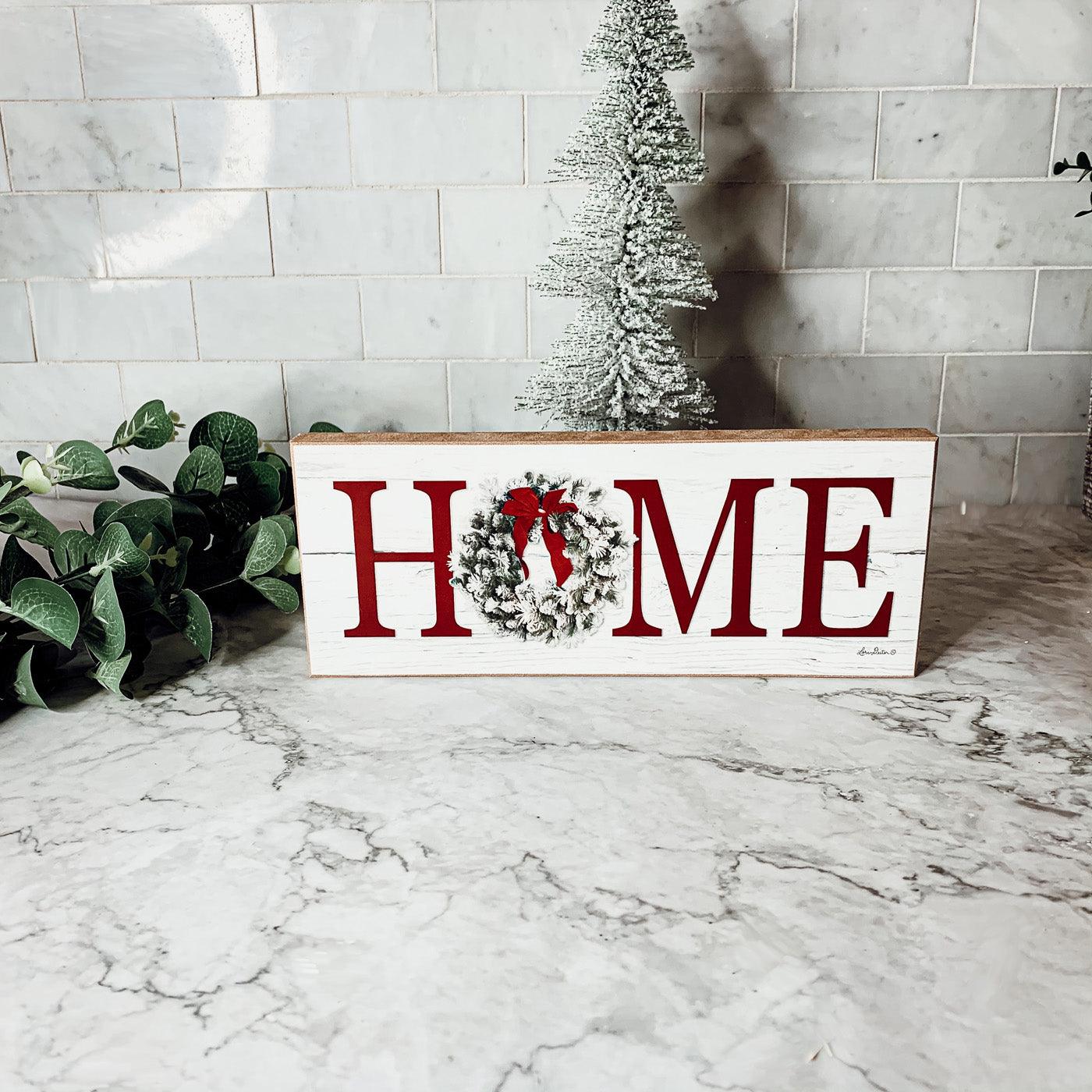 Handcrafted wooden Christmas Home sign featuring a festive holiday wreath replacing the letter O — view 5