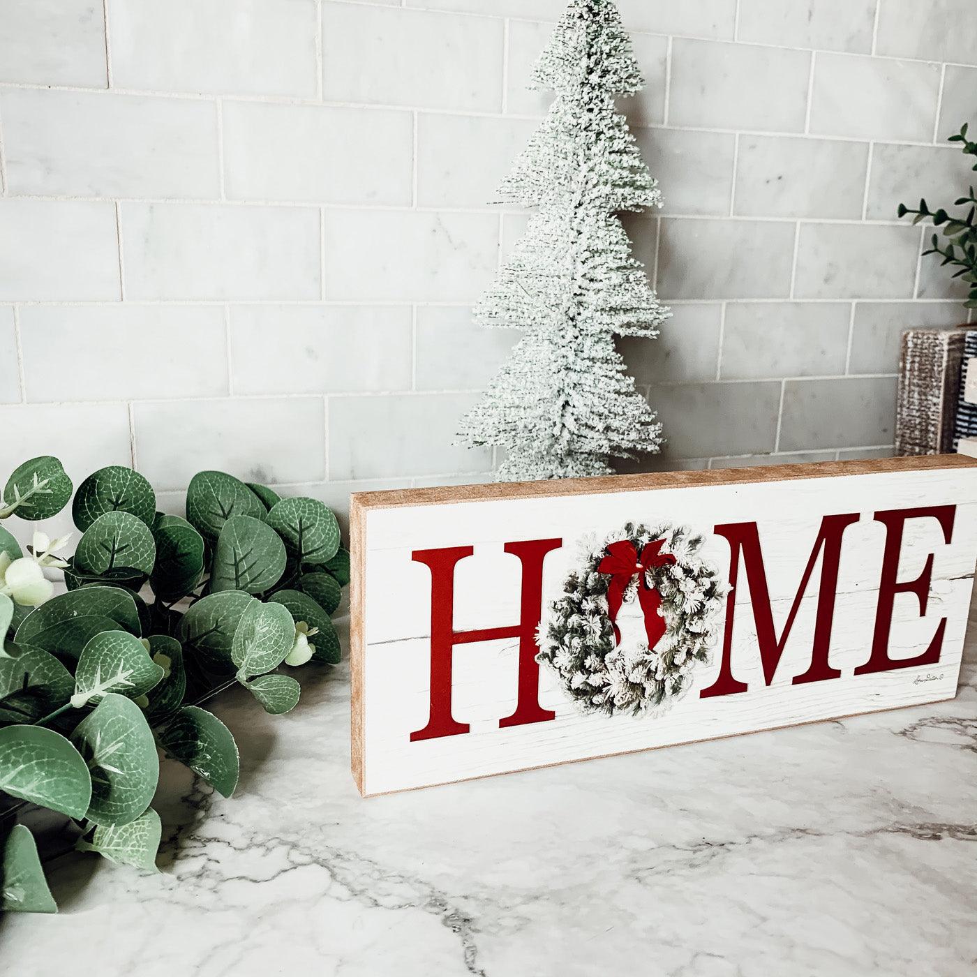 Handcrafted wooden Christmas Home sign featuring a festive holiday wreath replacing the letter O — view 4
