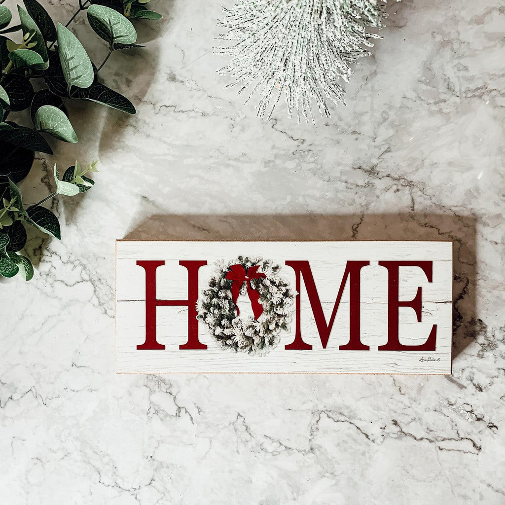 Handcrafted wooden Christmas Home sign featuring a festive holiday wreath replacing the letter O — view 2