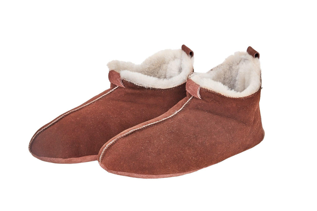 Adult brown natural sheepskin boots with cozy wool interior and genuine leather sole