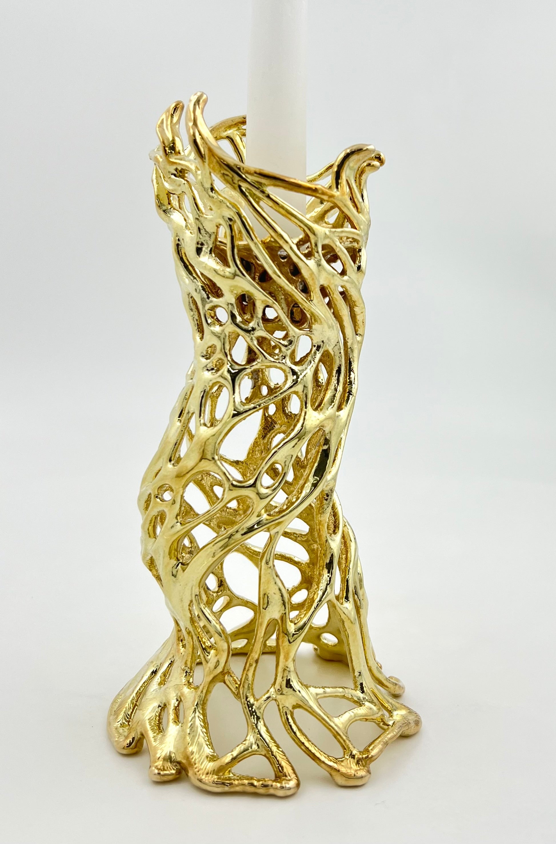 Roots sculptural electro-formed metal taper candle holder in gold silver or antique finish — view 4