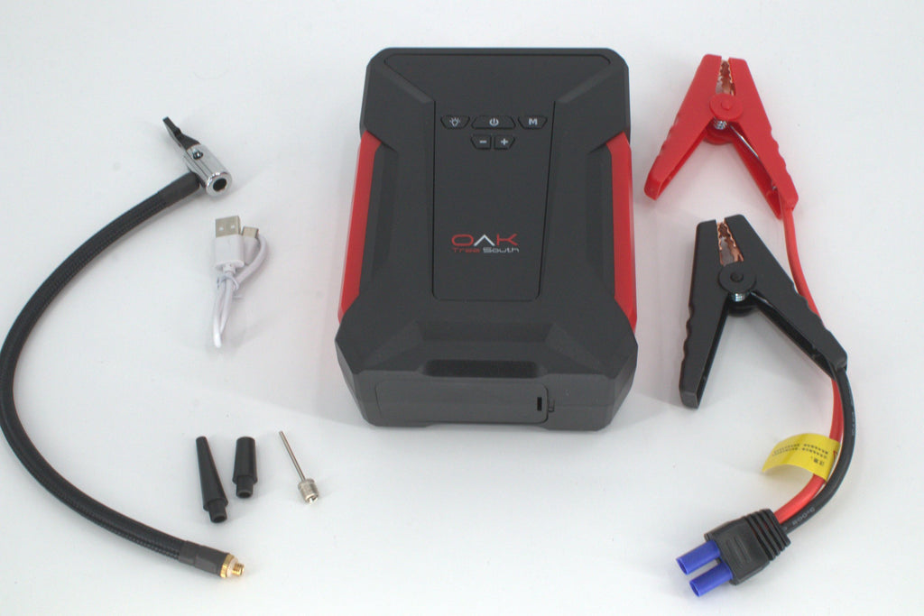 Portable 1000 Amp battery jumper power bank with air compressor cables and carrying case