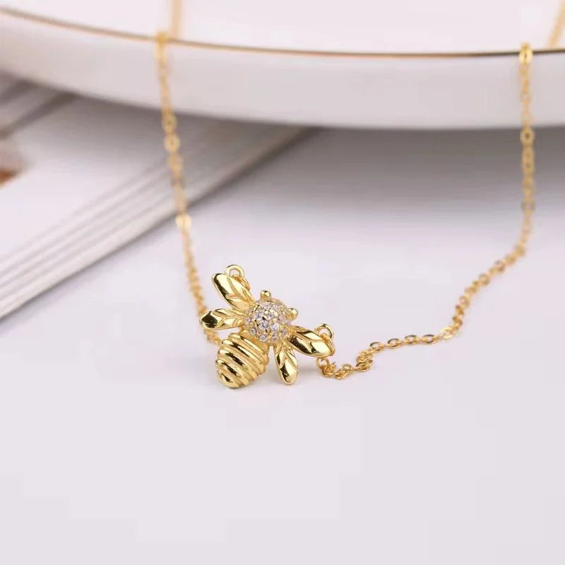 18K Gold Plated 925 Sterling Silver Bee Charm Necklace with Cubic Zirconia-1
