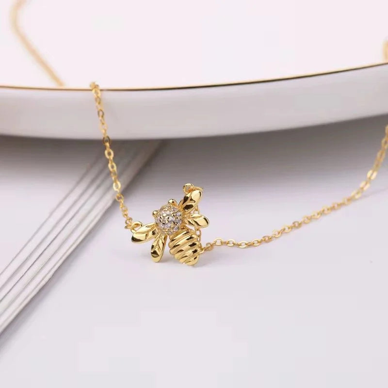18K Gold Plated 925 Sterling Silver Bee Charm Necklace with Cubic Zirconia-4