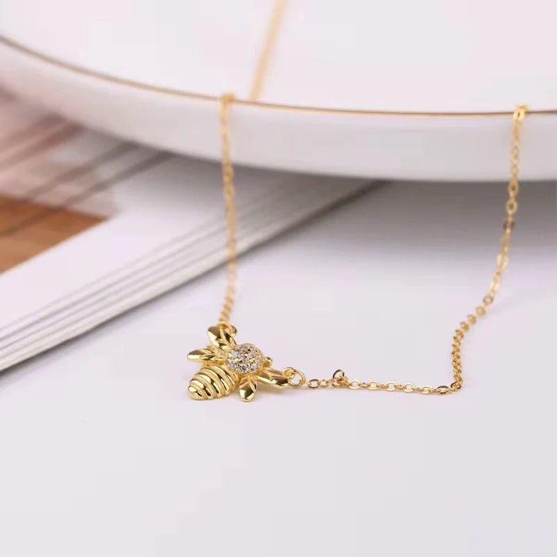18K Gold Plated 925 Sterling Silver Bee Charm Necklace with Cubic Zirconia-2