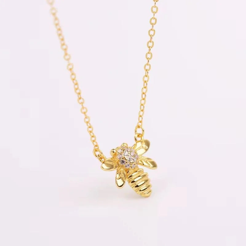 18K Gold Plated 925 Sterling Silver Bee Charm Necklace with Cubic Zirconia-5