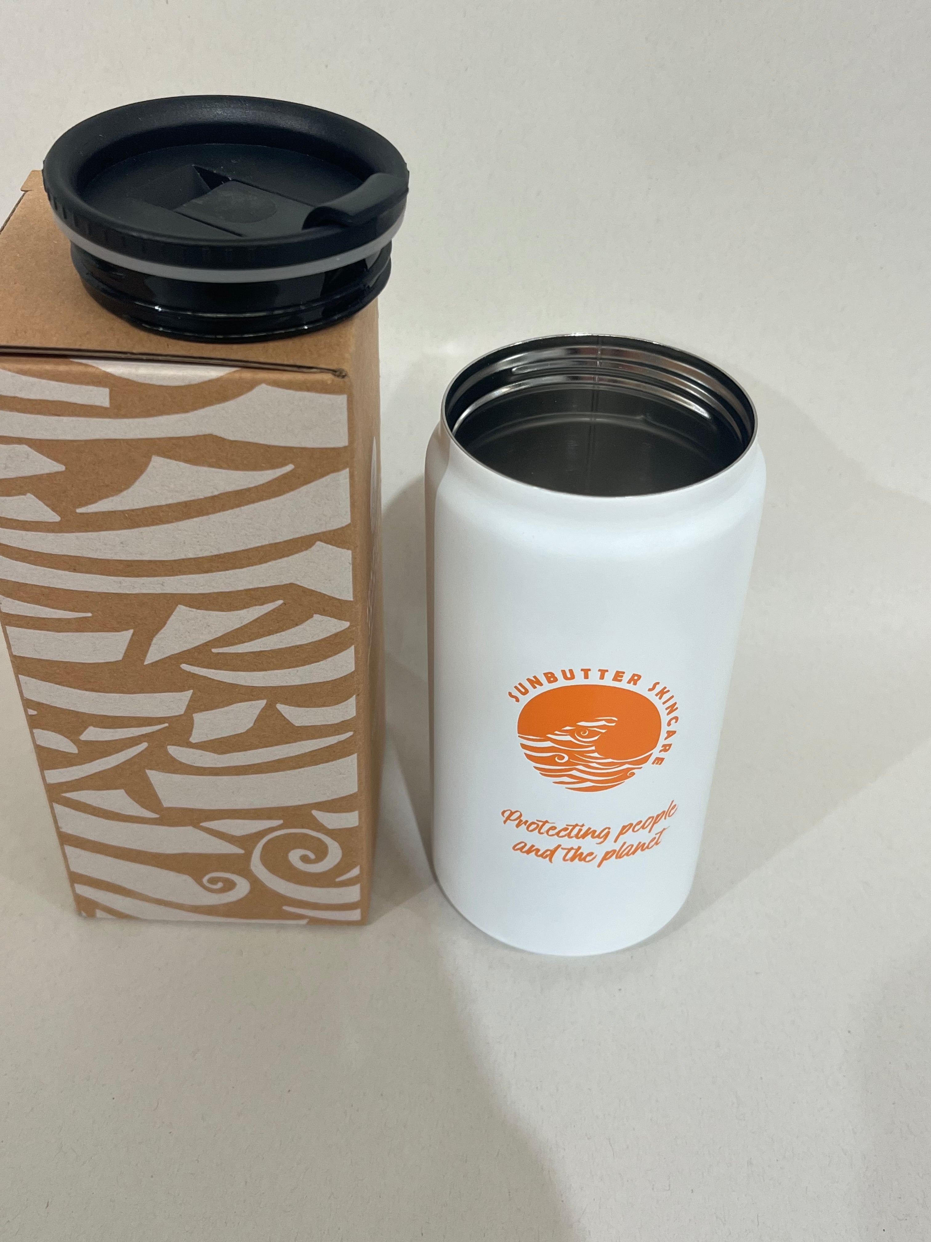 SunButter insulated 330ml reusable coffee cup in metal finish with screw top lid and drinking flap — view 4
