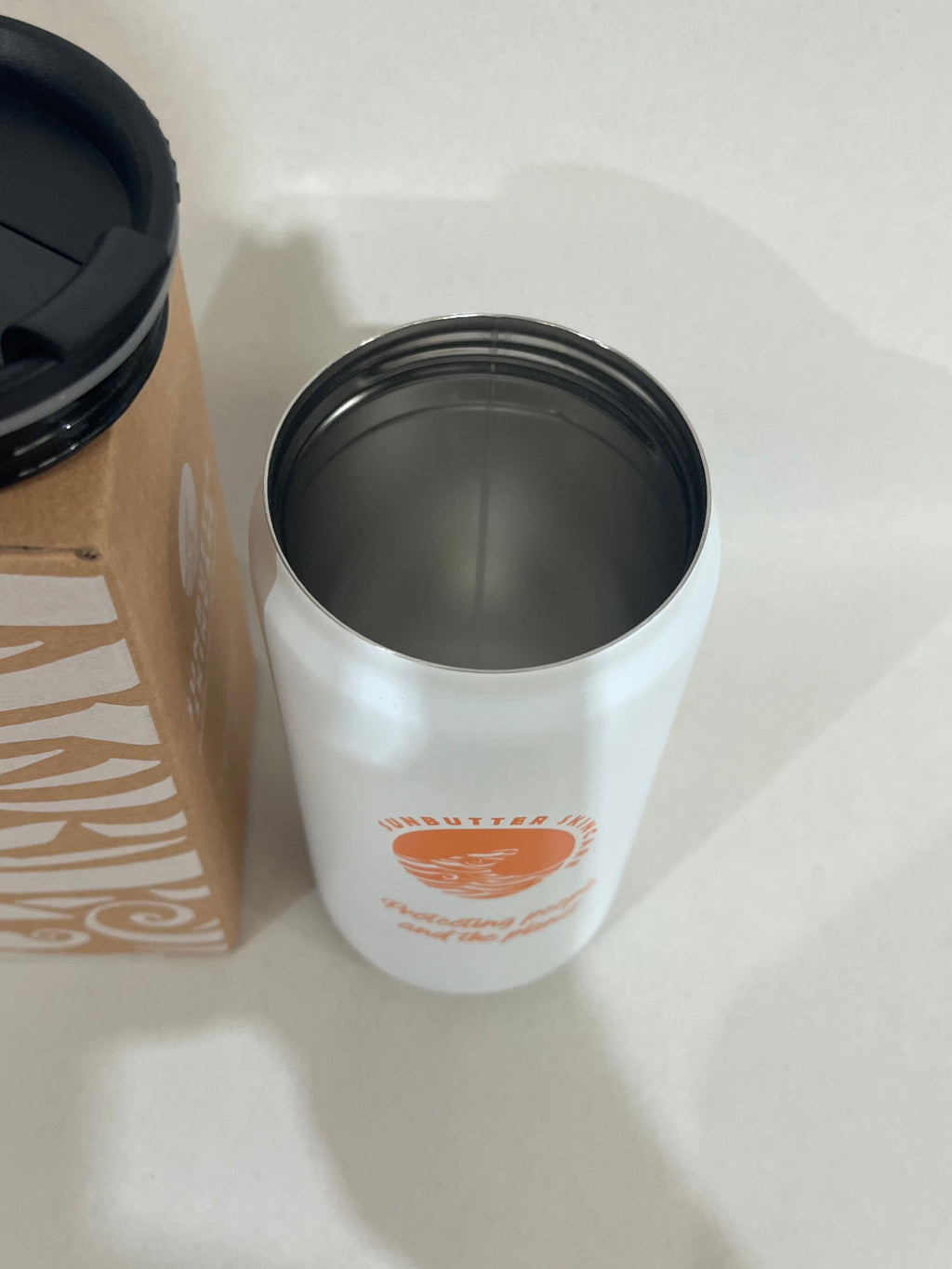 SunButter insulated 330ml reusable coffee cup in metal finish with screw top lid and drinking flap — view 3