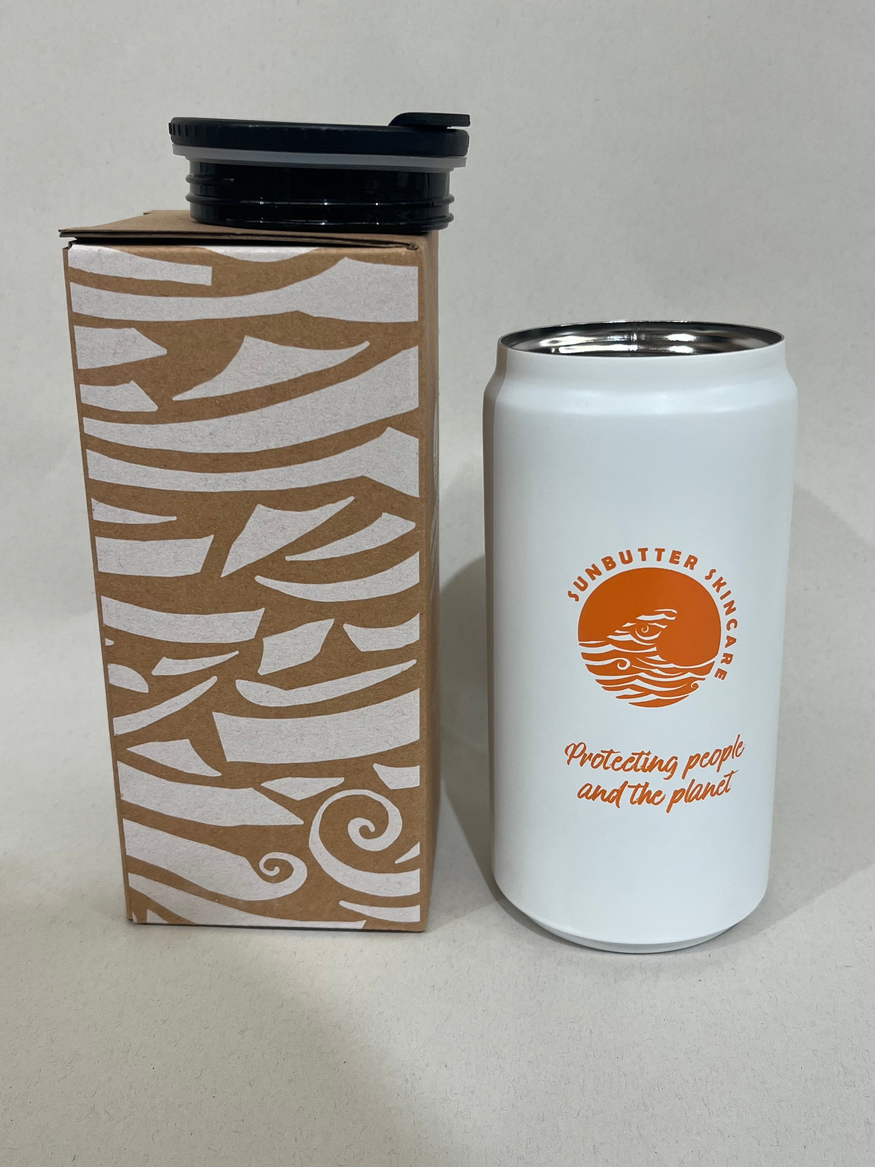 SunButter insulated 330ml reusable coffee cup in metal finish with screw top lid and drinking flap — view 2