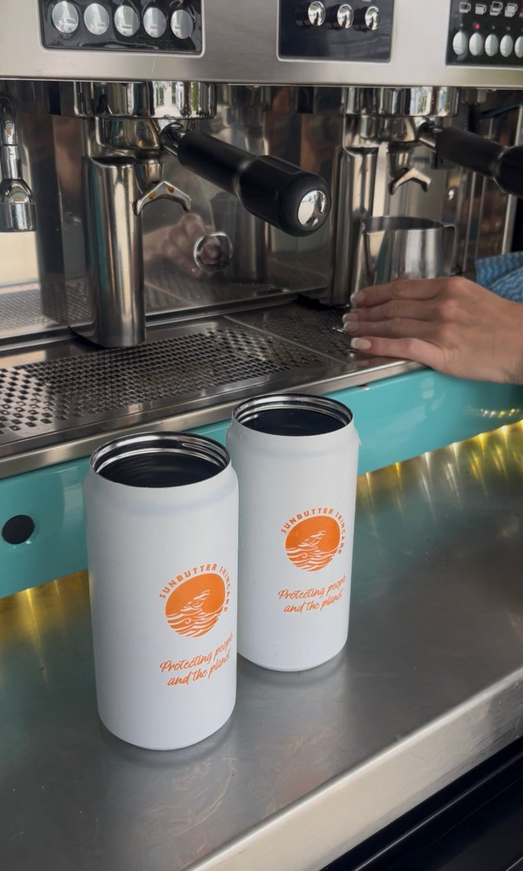 SunButter insulated 330ml reusable coffee cup in metal finish with screw top lid and drinking flap