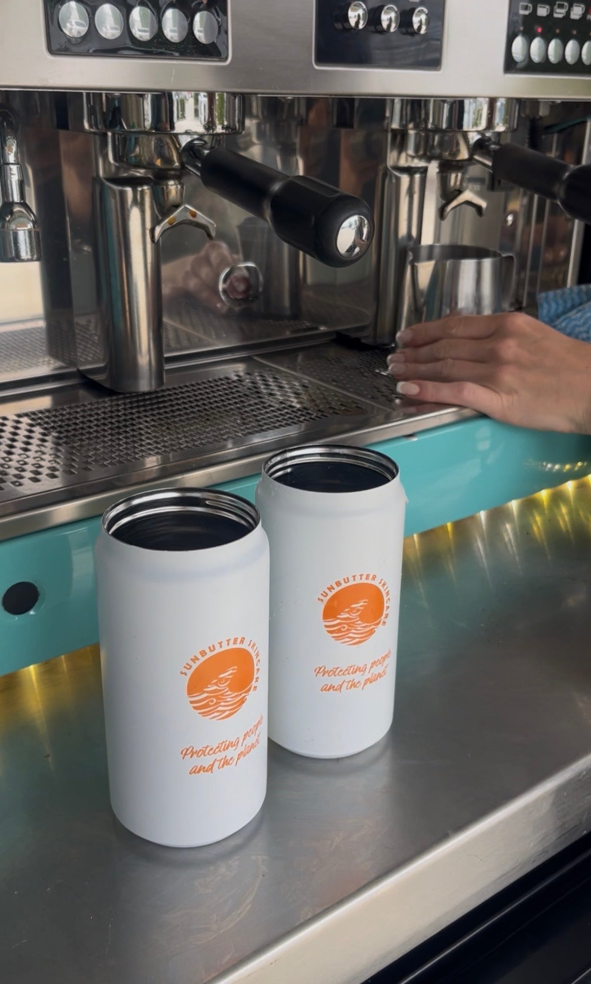 SunButter insulated 330ml reusable coffee cup in metal finish with screw top lid and drinking flap