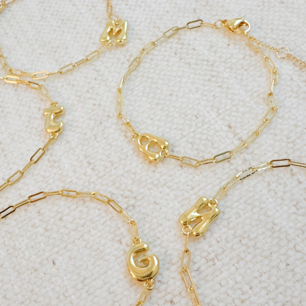 18k gold plated mini balloon initial bracelet on a delicate chain with adjustable extender — view 3