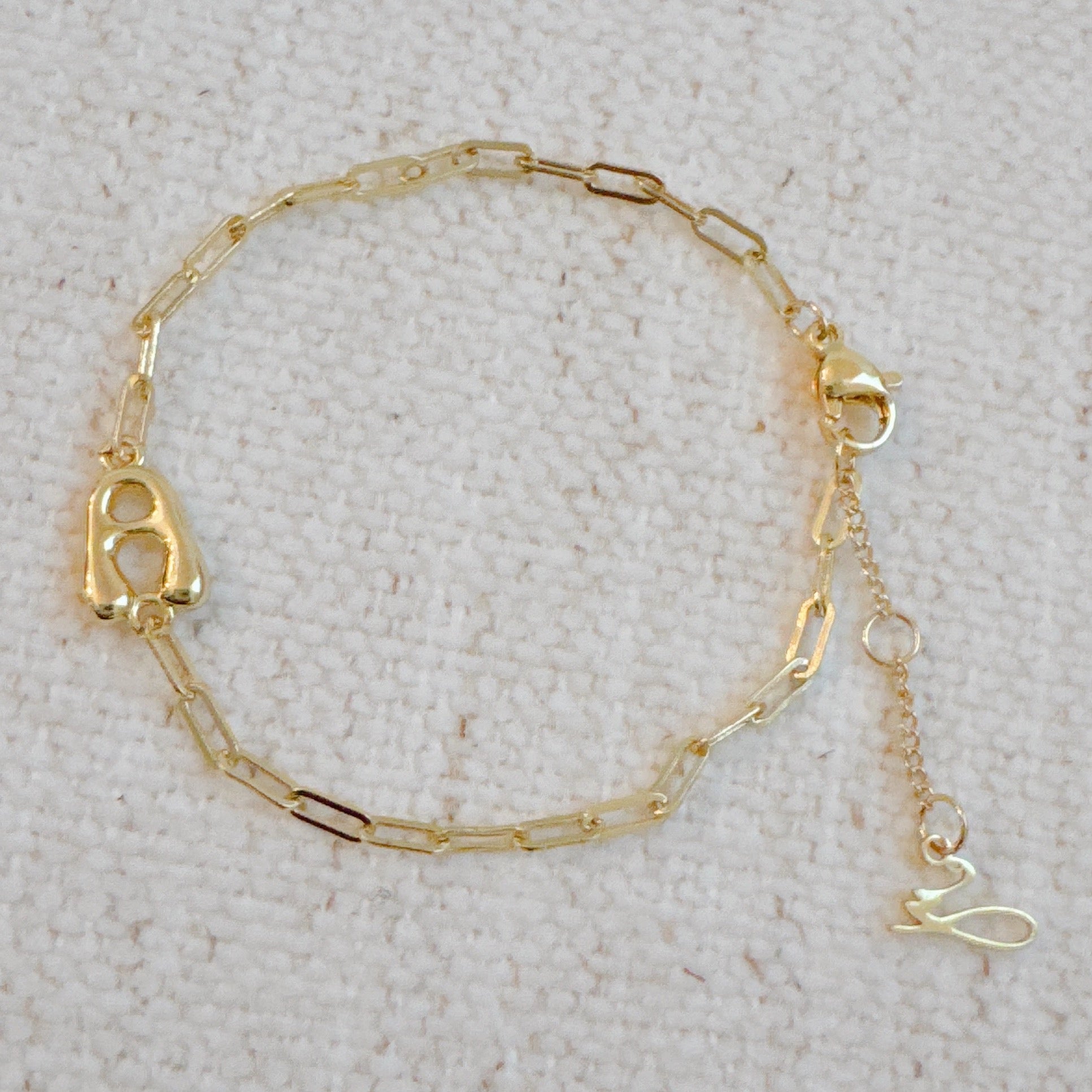 18k gold plated mini balloon initial bracelet on a delicate chain with adjustable extender — view 4