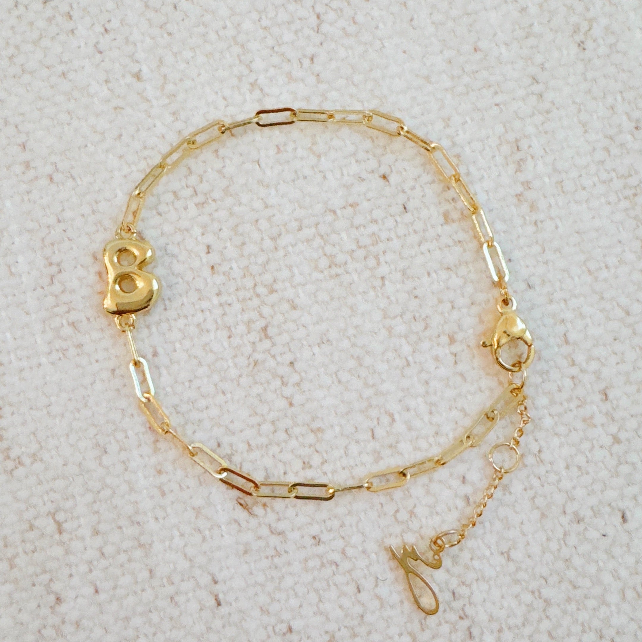 18k gold plated mini balloon initial bracelet on a delicate chain with adjustable extender — view 5