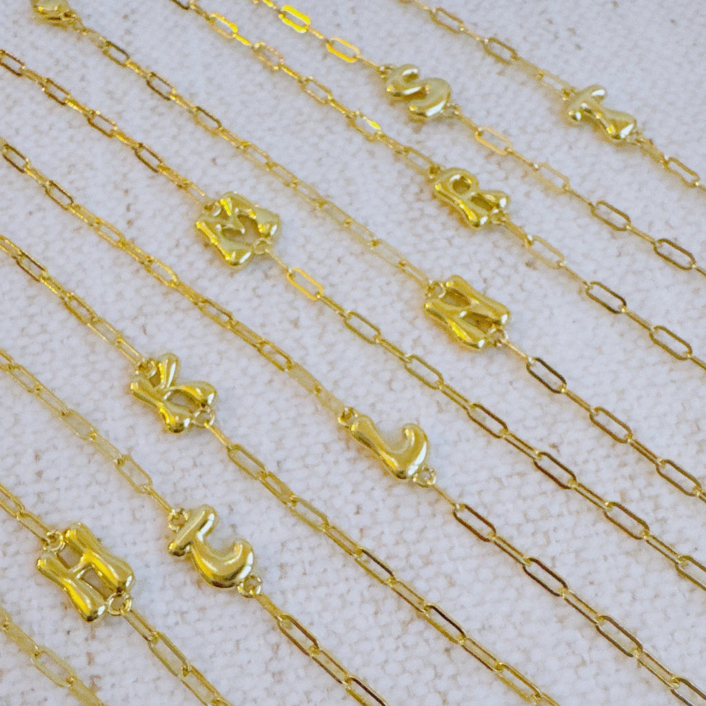 18k gold plated mini balloon initial bracelet on a delicate chain with adjustable extender — view 2