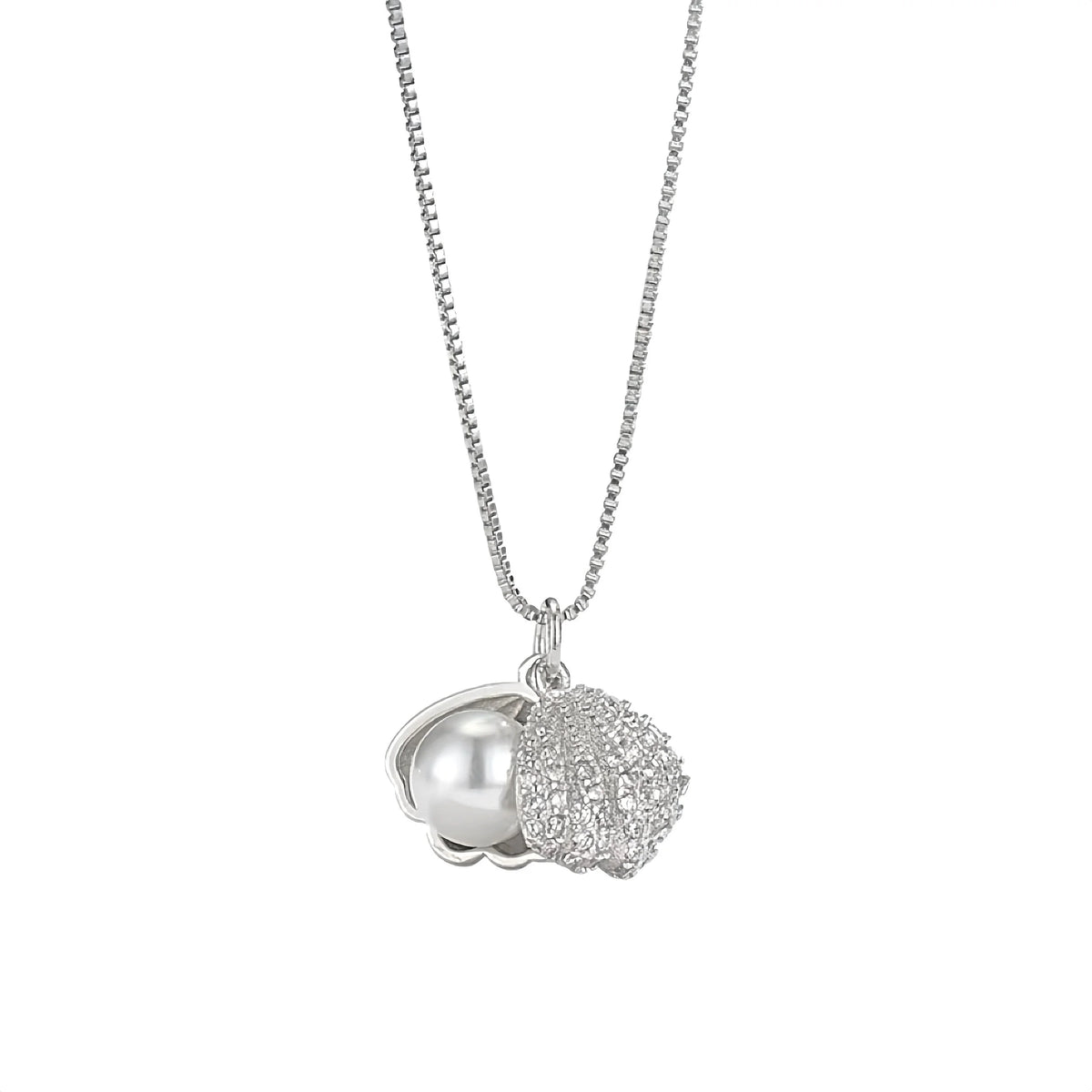 925 Silver Plated Shell Pearl Necklace with Zircon Stones-0