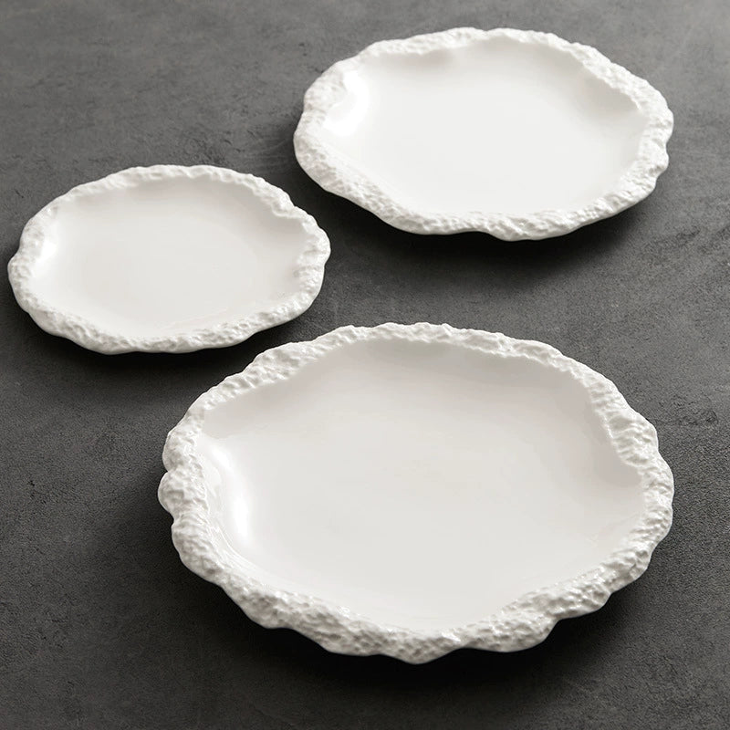 Rock pattern ceramic plate in soft matte finish, modern flat shallow dining dish with skirted edge — view 3
