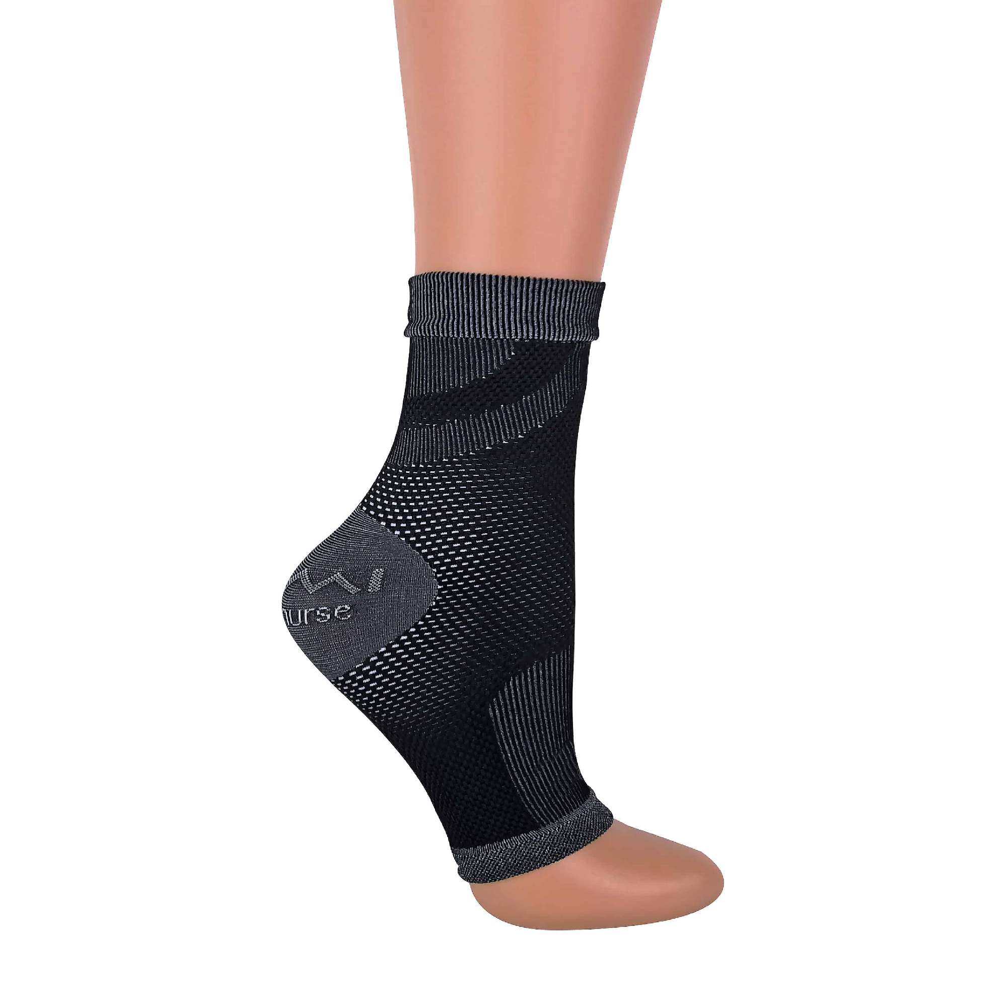 Grey and black mesh plantar fasciitis compression sleeve socks featuring targeted arch support