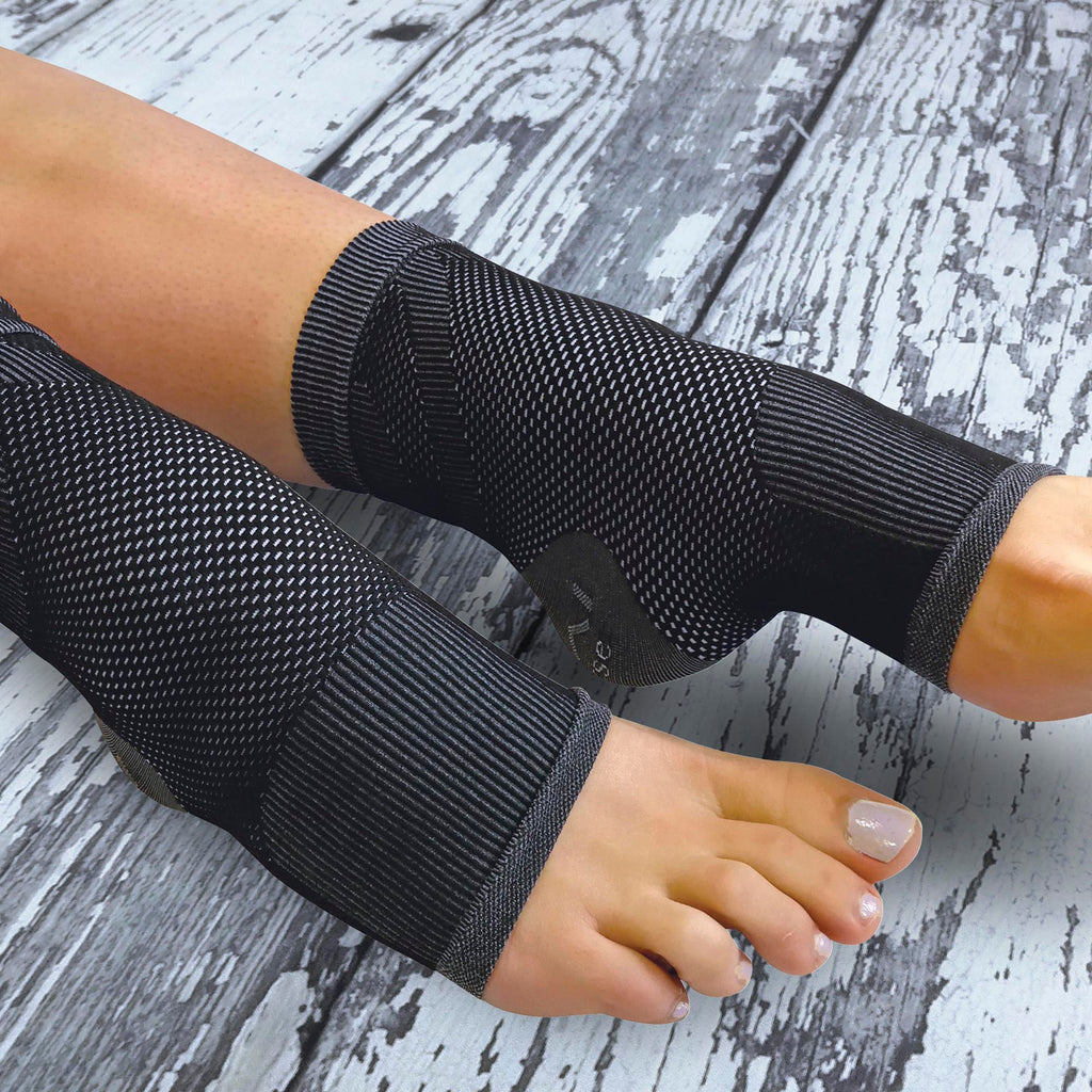 Grey and black mesh plantar fasciitis compression sleeve socks featuring targeted arch support — view 4