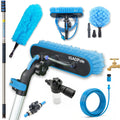 Telescopic 5m water-fed cleaning pole kit with brush, microfibre duster, and hose attachments