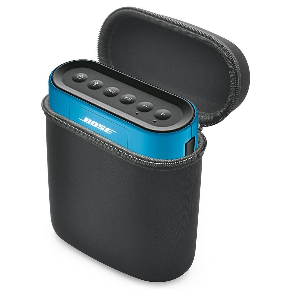Black portable shockproof speaker case made of nylon featuring carrying strap and zipper closure — view 5
